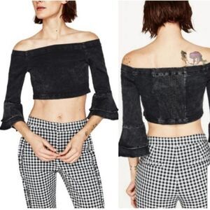 Zara EUC Denim Cropped Off Shoulder Top Ruffled Sleeves Size S